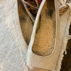 UGG Women's Light Beige Suede Shearling Ballet Flats with Metallic Toe